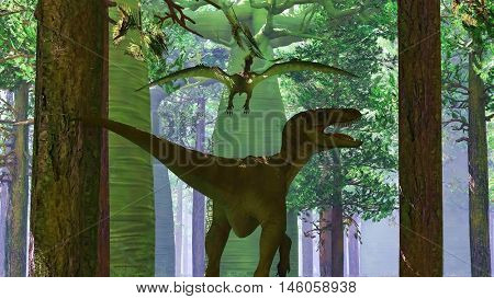 Velociraptor and pterodactyl 3d rendering