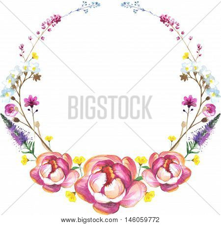 Peony flower necklace in watercolor. Could be used for: background, poster, print, romantic invitation, decoration, similars or pattern.
