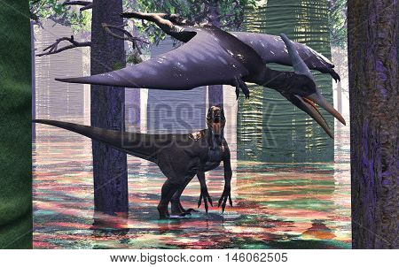 Velociraptor and pterodactyl 3d rendering