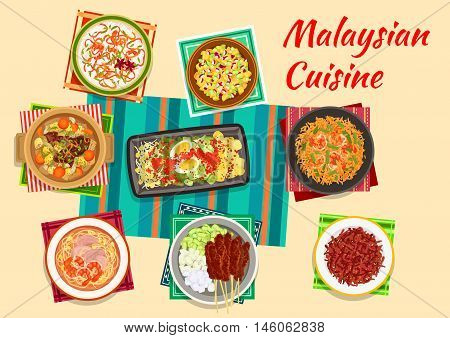 Malaysian cuisine icon with vegetable and egg salad, meat skewers satay with peanut sauce, pineapple and cucumber salad, beef ribs soup, fried rice with shrimps, crispy beef and rice porridge