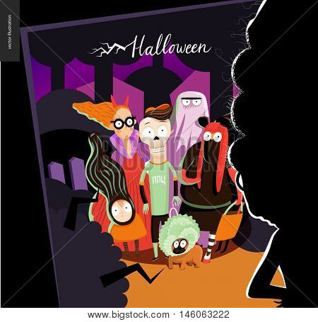 Happy Halloween greeting card with lettering. Vector cartoon illustrated group of kids wearing Halloween costumes and a french bulldog, scared by old lady opened the door.