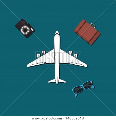 ariplane with suitcase sunglasses and camera travel related icons image vector illustration