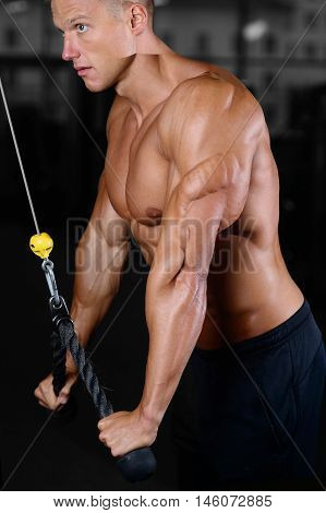 Fitness strength training workout bodybuilding concept background - muscular bodybuilder man doing exercises in gym