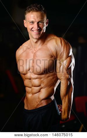 Handsome Muscular Bodybuilder Man Doing Exercises In Gym