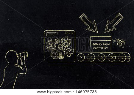 Confidential Prototype & Man Spying On It, Concept Of Trade Secrets
