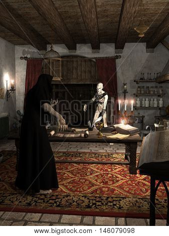 Fantasy illustration of an undead zombie facing a necromancer in his study, digital illustration (3d rendering)