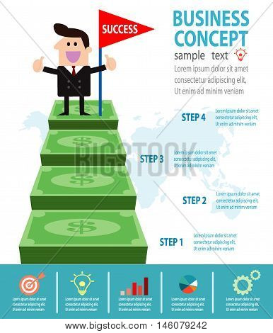 Successful businessman standing on money, Businessman on a ladder above the clouds, step by step, person goes up the stairs, banner, diagram, web design, infographics, Business Concept