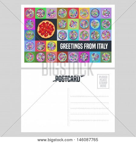 Italy, Rome vector postcard design with Italian pizza. Template double side illustration, element, nonstandard mail postcard with blank copyspace, stamp and Greetings from Italy sign