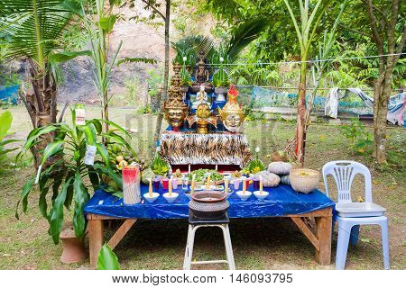 CHIANG RAI THAILAND - SEPTEMBER 1 : set of altar table in ancient Thai traditional style on September 1 2016 in Chiang rai Thailand.