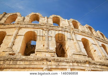 El Djem amphitheatre the most impressive Roman remains in Africa. Mahdia Tunisia. UNESCO World Heritage Site.
