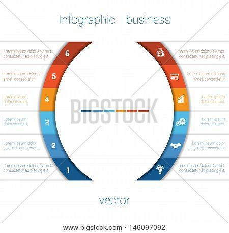 Vector Template Infographic Six Position. Colorful Semicircles and White Strips for Text Area. Business Area Chart Diagram Data.