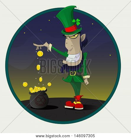 Sinister and fun cartoon Irish leprechaun with gold. Greeting card template of St. Patrick day. Vector