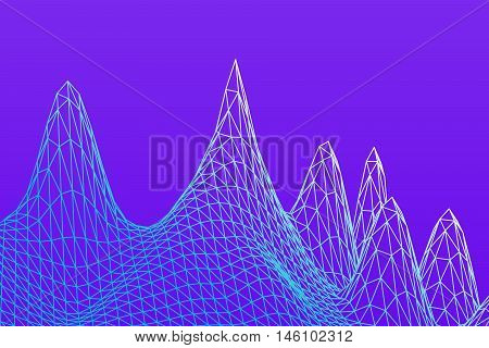 Wireframe mountains terrain. blue color grid in perspective on white background. abstract background for design technology, programming