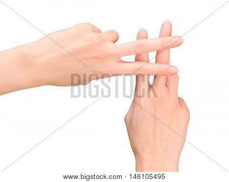 Woman hands showing hash symbol. Isolated on white with clipping path