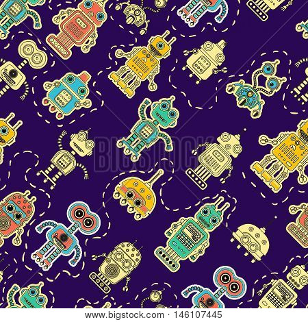 Colorful cartoon retro robots background. Vector seamless pattern. Amazing artistic wallpaper. Can be used for web site page surface textures textile print wrapping paper.