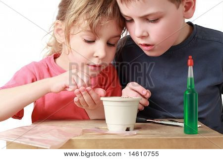 Dívka ukazuje bratr zasít obilí v hrnci