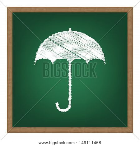 Umbrella Sign Icon. Rain Protection Symbol. Flat Design Style. White Chalk Effect On Green School Bo