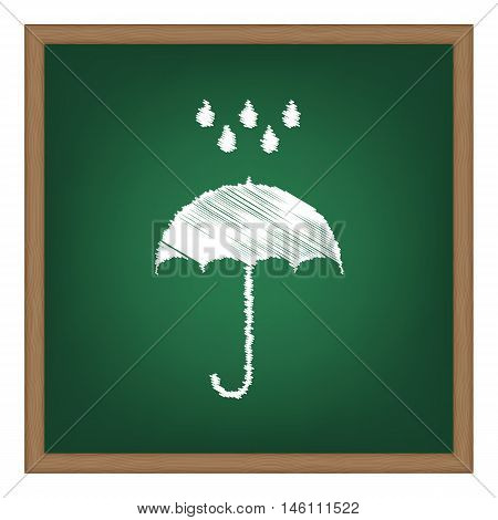 Umbrella With Water Drops. Rain Protection Symbol. Flat Design Style. White Chalk Effect On Green Sc