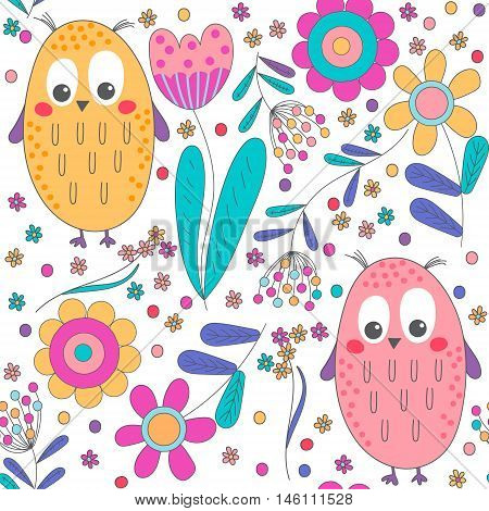 Flower seamless pattern with owls in cartoon style.Use it as pattern fills web page background surface textures fabric or paper backdrop design.Vector illustration.