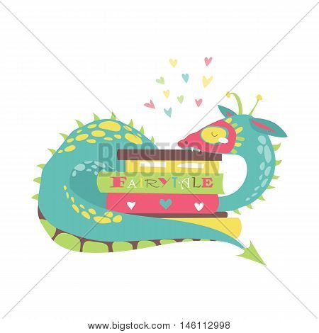 Cute dragon with stack of books. Vector illustration