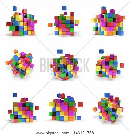 Abstract 3d cubes. set Composition of 3d cubes. 3d render illustration isolated on white. Assembling concept. Teamwork Business. 3D render icon.