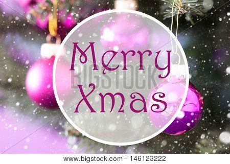 Blurry Christmas Tree With Rose Quartz Balls. Close Up Or Macro View. Christmas Card For Seasons Greetings. Snowflakes For Winter Atmosphere. English Text Merry Xmas