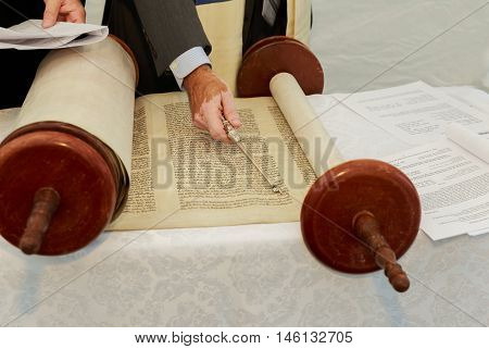 Hand Of Boy Reading The Jewish Torah At Bar Mitzvah 5 September 2016 Usa