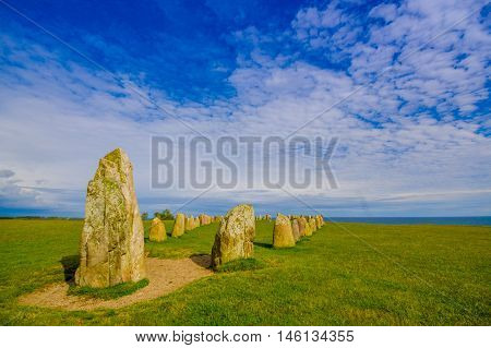 Beautiful view of Ales stones, megalithic monument in Skane, Sweden