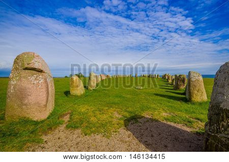 Ales stones, magnificent archaeological megalithic monument in Skane, Sweden