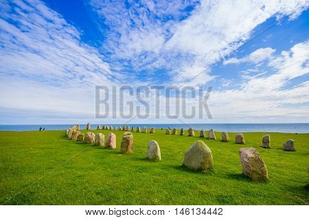 Radiant view of Ales stones, impressive megalithic monument in Skane, Sweden