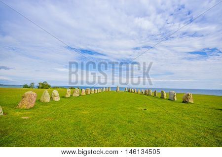 Beautiful view of Ales stones, impressing archaeological megalithic monument in Skane, Sweden