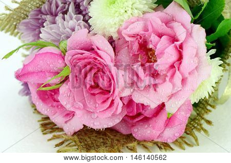 Flowers Bouquet With Pink Roses And Chrisanthemum.