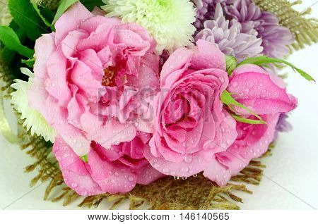 Flowers Bouquet With Pink Roses And Chrisanthemum.