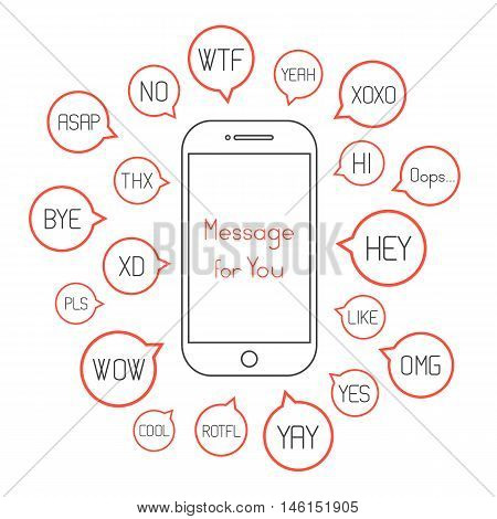 smartphone with different messages in speech bubbles. concept of onomatopoeia, texting whoop, device, messaging, trend. isolated on white background. flat style modern art design vector illustration