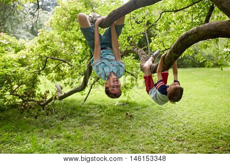 friendship, childhood, leisure and people concept - two happy kids or friends hanging upside down on tree and having fun in summer park