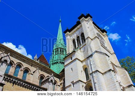 Geneva, Switzerland - June 17, 2016: The St. Pierre Cathedral is a cathedral in Geneva, Switzerland, today belonging to the Reformed Protestant Church of Geneva. Spire of St. Pierre Cathedral
