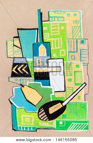 Still-life on green cloth in a cubism manner