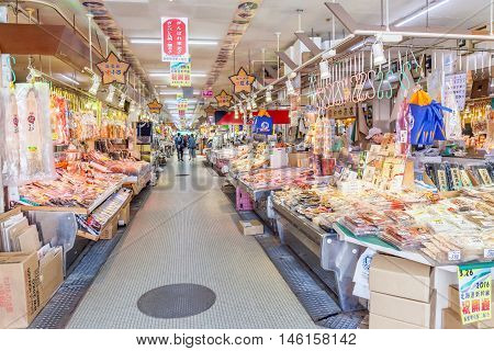 Hakodate Hokkaido Japan- June 10 2016. Seafood stalls waiting for tourists in Hakodate morning market.