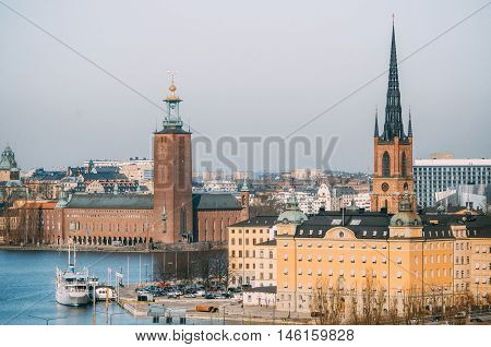 View of the City Hall castle and Riddarholmen tower in the Old Town from Katarina Elevator Stockholm Sweden.