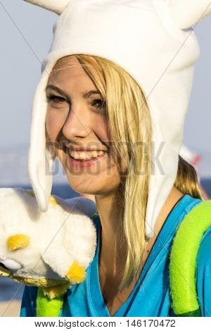 QUARTU S.E., ITALY - August 2, 2015: Beach Cosplay Party - costume parade held at the Marlin Club of Poetto Beach - Sardinia - portrait of a beautiful smiling girl in cosplay costume