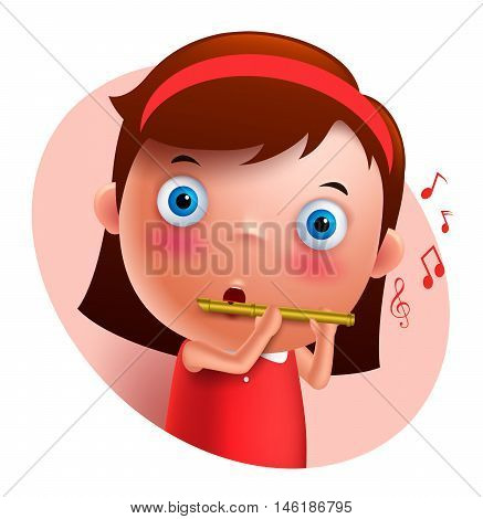 Young flutist vector character playing and holding flute isolated in white background. Vector illustration.