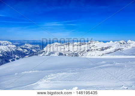 Alps view from the top of Mt. Titlis in Switzerland in the beginning of spring.