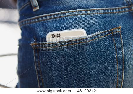 Modern Dual Camera Smart Phone In Jeans Pocket
