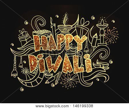 Indian festival of lights, Happy Diwali concept with golden text and elements. 