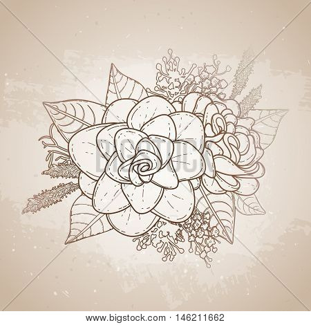 Graphic floral card. Vector leaves and flowers in cute vignette isolated on aged texture. Wedding style decorations in brawn colors. Coloring book page design for adults and kids