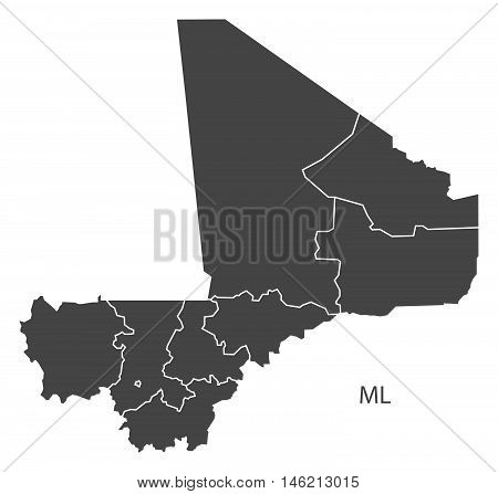 Mali grey map with regions isolated vector high res