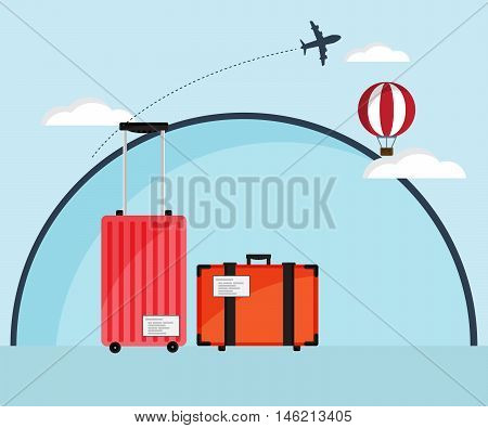 Travel Bag Luggage with Air Plane and Hot Air Balloon Flat Design Vector Illustration