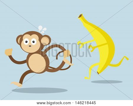 monkey run away from big banana cartoon vector illustration