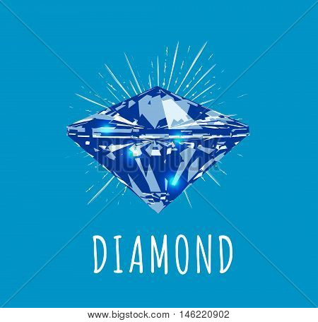 Diamond in front view. Vector illustration on blue background