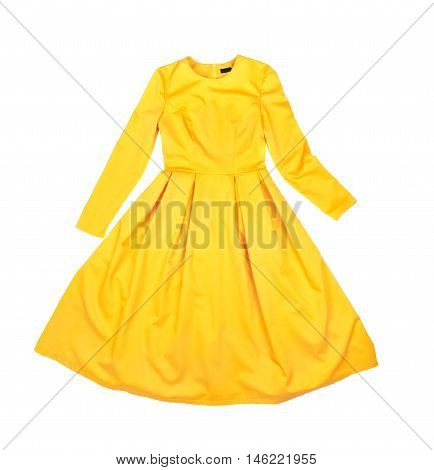 Bright beautiful classic elegant yellow dress isolated on white background closeup